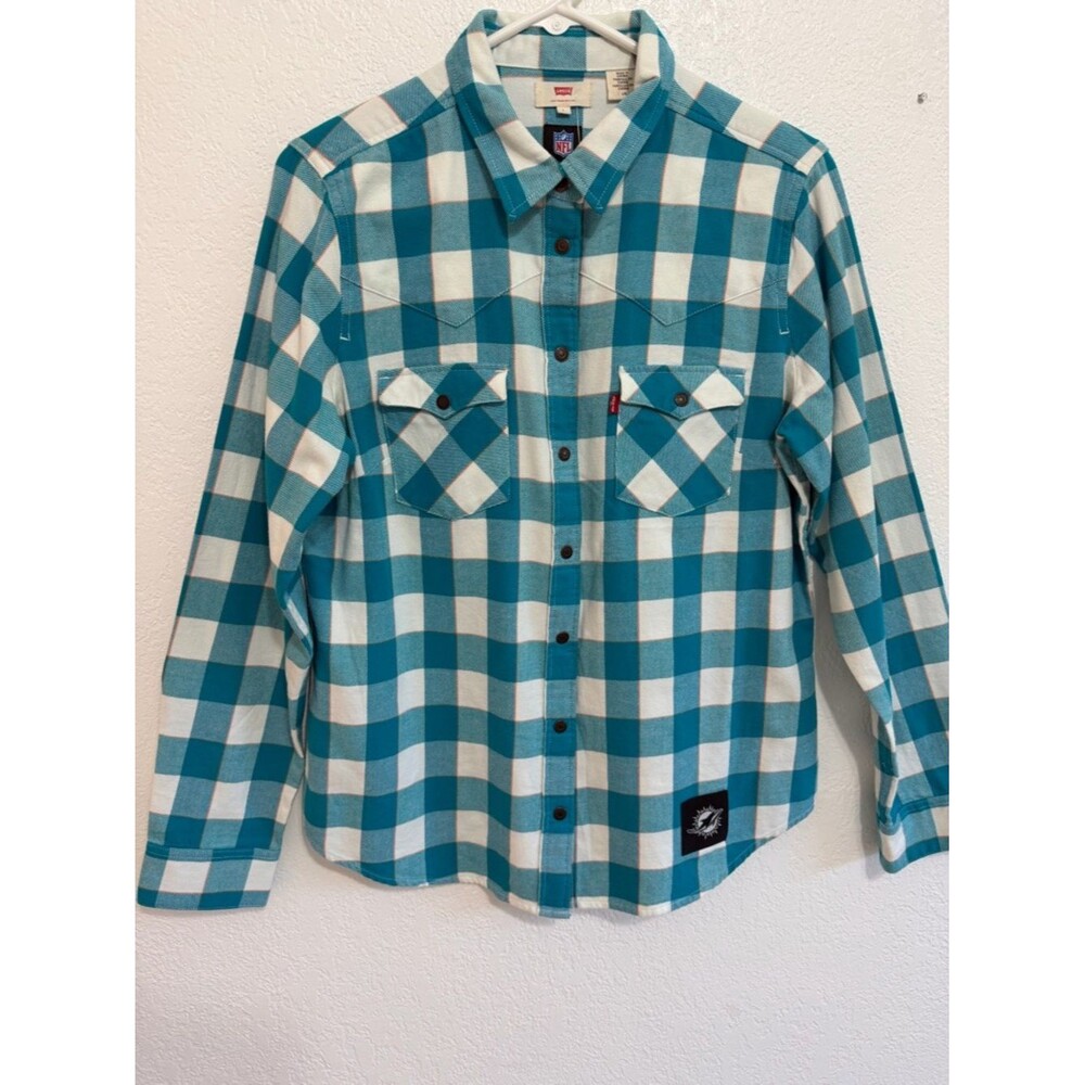 Levi’s NFL Miami Dolphins Flannel Shirt Men’s L Teal Plaid Button Down Rare